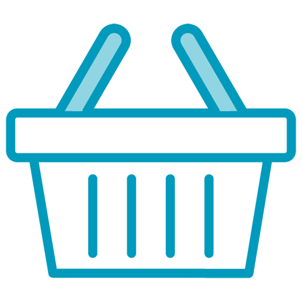 A blue icon of a groceries basket