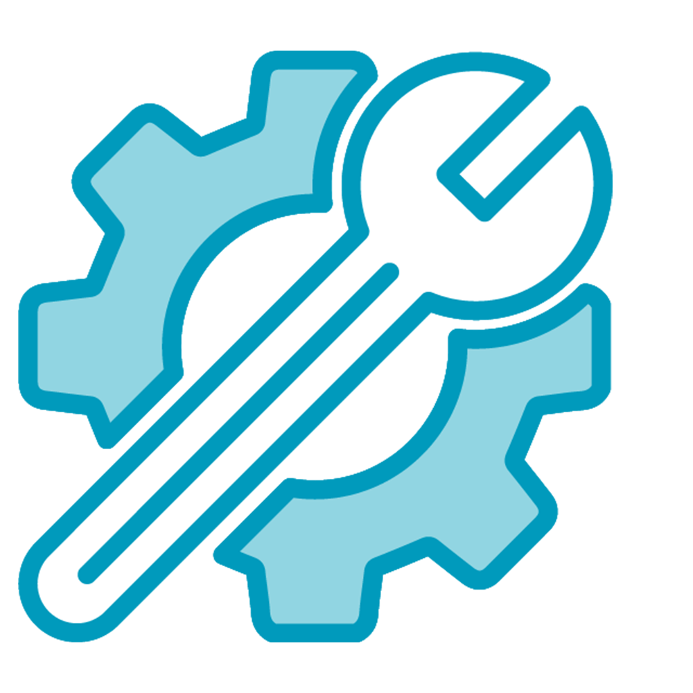 A blue icon of a cog and spanner