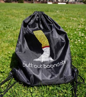 Drawstring bag which say Butt out boondah