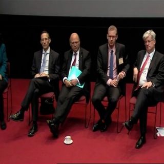 Panelists Michelle Grattan, Andrew Leigh, Senator Arthur Sinodinos, Ben Phillips and Saul Eslake in the theatre at Australian Parliament House