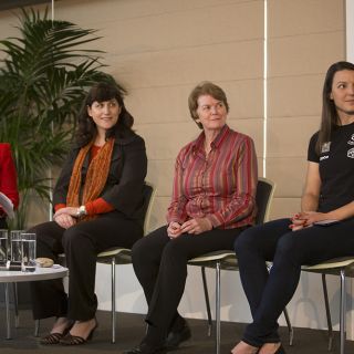 Photo of Senator Katy Gallagher, co-founder of Women on Boards Catherine Ordway, Capital Football CEO Heather Reid AM and world individual pursuit (track cycling) champion Rebecca Wiasak