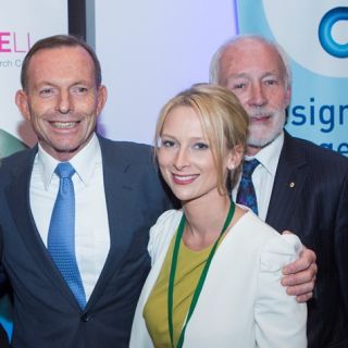 Prime Minister Tony Abbott with early career researcher of the year Sally Bradford and mental health campaigner and former Australian of the Year Professor Patrick McGorry