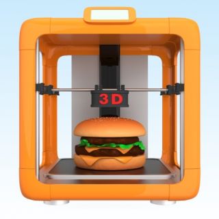 A graphic of a three-dimensional printer producing a hamburger