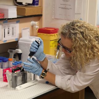 Dr Nicole Beard uses a pipette to add samples to a gel in her laboratory