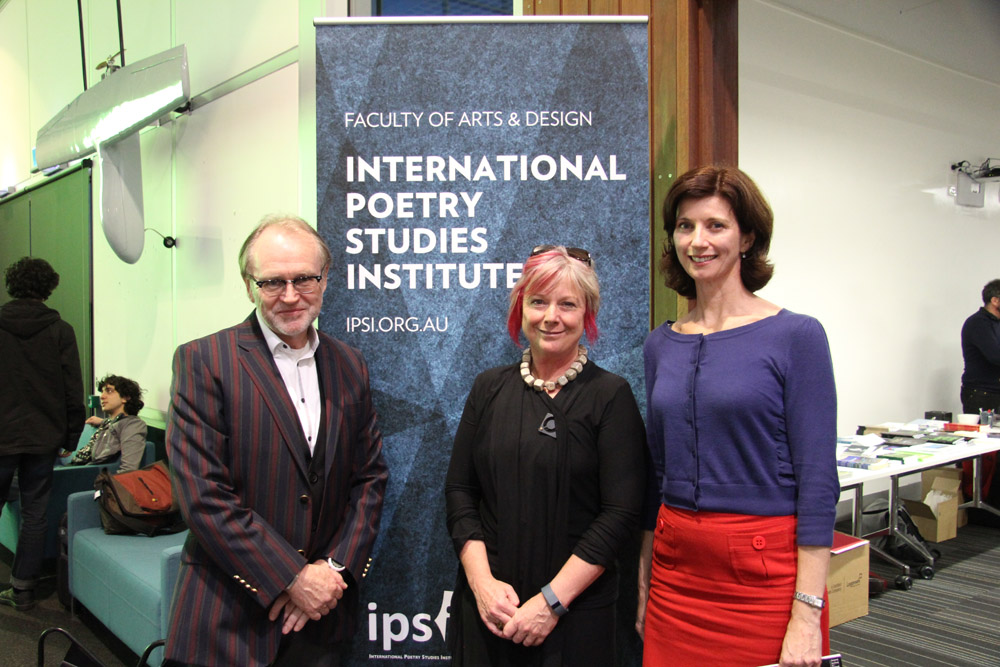 Vice-Chancellor Stephen Parker and Centre for Creative and Cultural Research director Jen Webb with runner-up UC Vice-Chancellor’s International Poetry Prize winner Lisa Brockwell