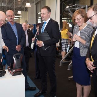 UC Researchers show the Chief Minister Andrew Barr MLA, Meegan Fitzharris MLA and Vice-Chancellor Professor Stephen Parker some of the sports technology developed at the University