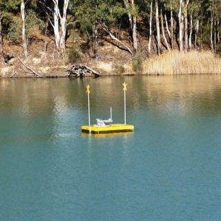 A floating bouy carries equipment and a solar panel to monitor water salinity