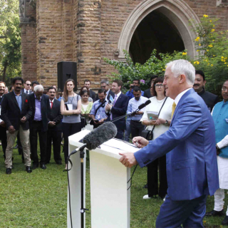 R-L: Cricketer Sachin Tendulkar, Prime Minister Malcolm Turnbull,, Kate Palmer of Australia Sports Commission, and Professor Deep Saini and Peter Dawkins.