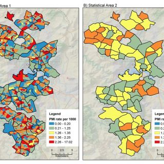 Two disease maps of the ACT at low scale showing high variation in disease rates across Canberra