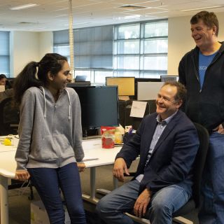 Doug Stuart and Peter Lilley of Instaclustr, with University of Canberra second-year Bachelor of Accounting student Shivani Sehgal