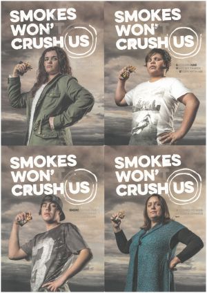 Multiple posters with different people, all that say Smokes won't crush us