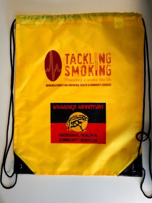 Drawstring bag which says Tackling smoking promoting a smokefree life; Winnunga Nimmityjah Aboriginal Health and Community Services