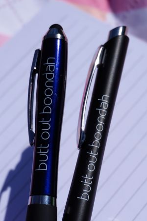 Pens which say Butt out boondah