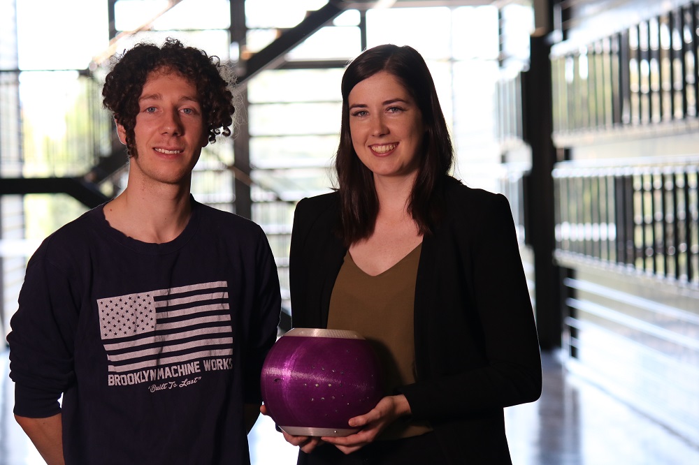 David Hinwood and Hayley Teasdale have invented the Equilibri Balance Ball to help reduce the likelihood of falls in the elderly and those whose balance is impaired, such as Parkinson's sufferers. Photo: John Masiello