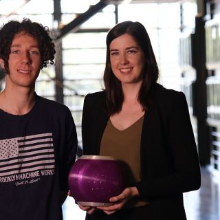 David Hinwood and Hayley Teasdale have invented the Equilibri Balance Ball to help reduce the likelihood of falls in the elderly and those whose balance is impaired, such as Parkinson's sufferers. Photo: John Masiello