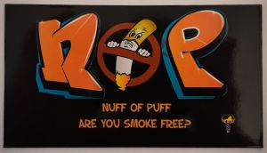 A magnet which says Nuff of Puff, are you smoke free?