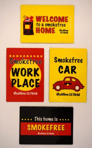 Magnets which say Welcome to a smokefreehome; Smokefree workplace; Smokefree car; This home is smokefree