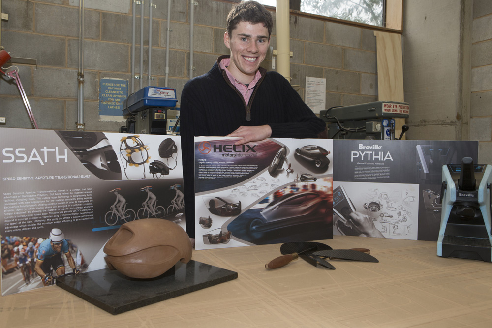Industrial design graduate Dylan White with the projects he presented to the DIA