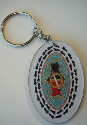 Keychain front with Aboriginal artwork and a no smoking symbol