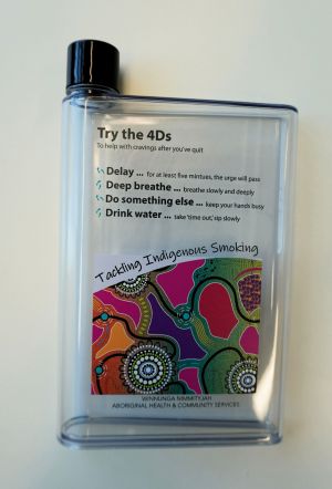 Plastic vape-shaped container which says Try the 4Ds to help with cravings after you've quit; Delay, Deep breathe, Do something else, Drink water