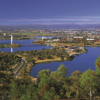 An aerial view of Canberra looking over Lake Burley Griffin