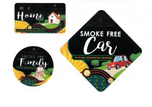 Stickers which say Smoke free home; Smoke free car; Smoke free family