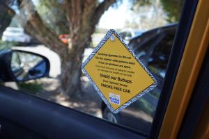 Car suction placard which says Smoking cigarettes in the car fills the interior with poisons even if the car windows are open. Even small amounts of tobacco smoke can damage the health of our kids. Shield our Bubups from cigarette smoke. Smoke free car.