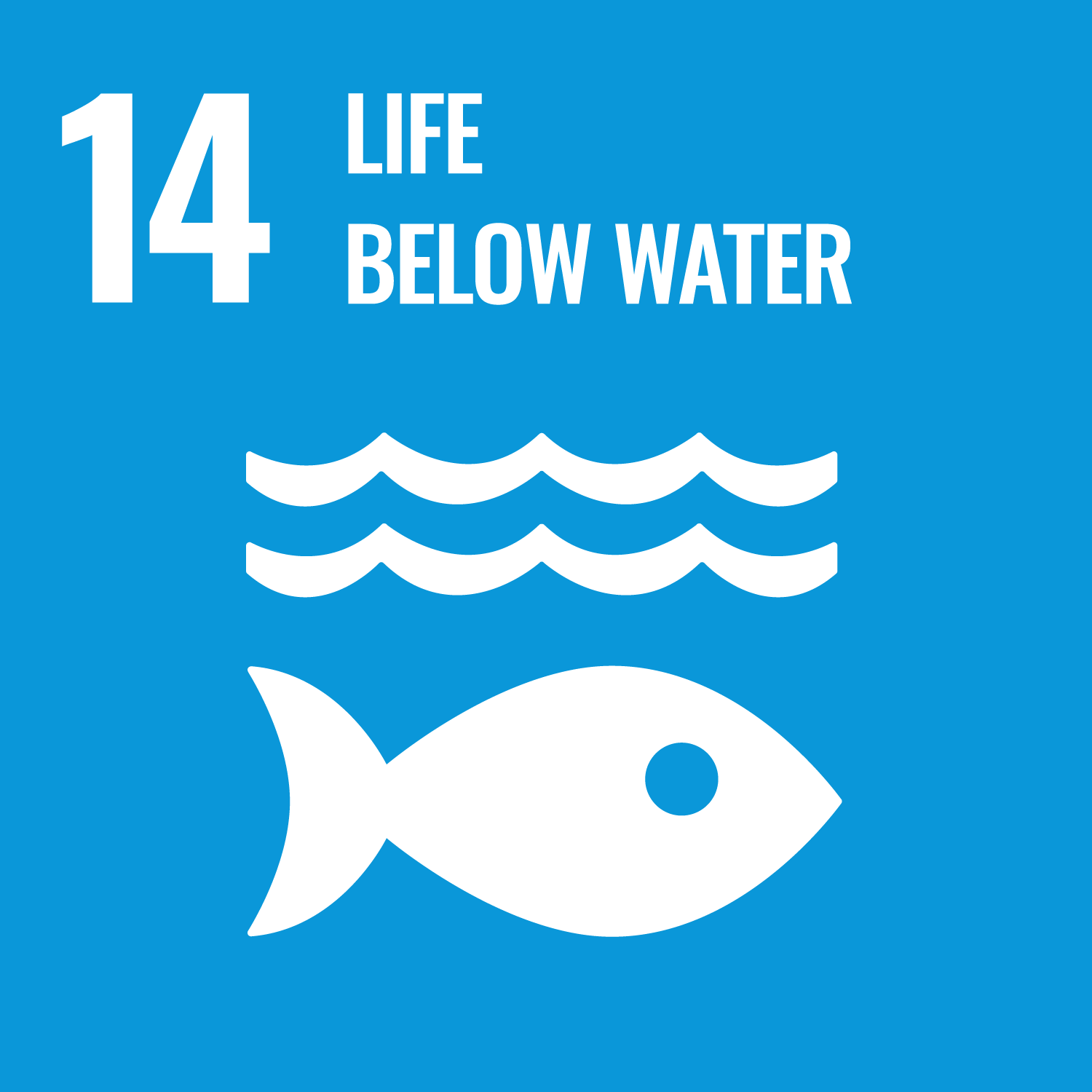 A blue sign with white text and a fish and waves
