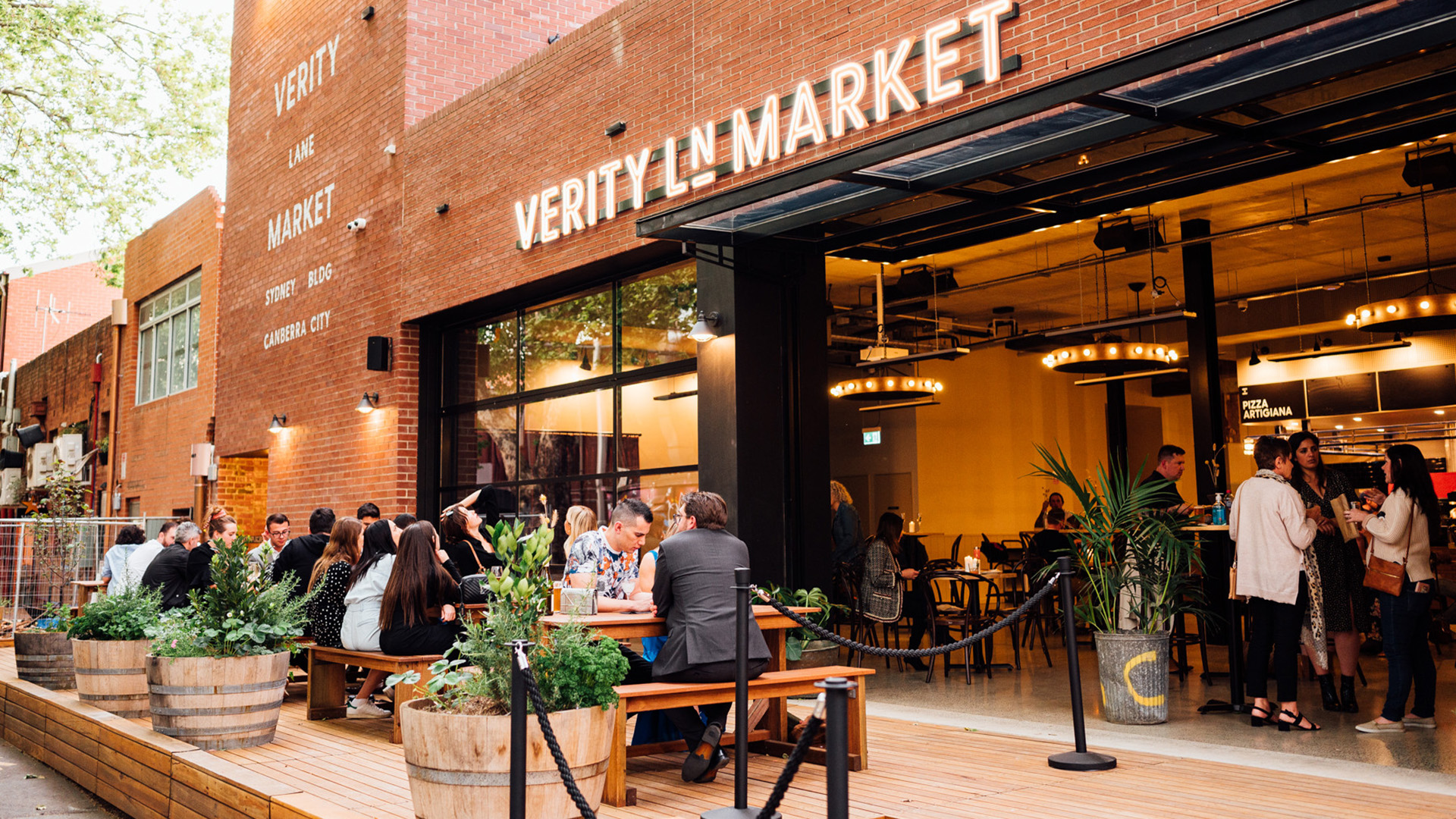 People sitting outside Verity Lane Market in Canberra